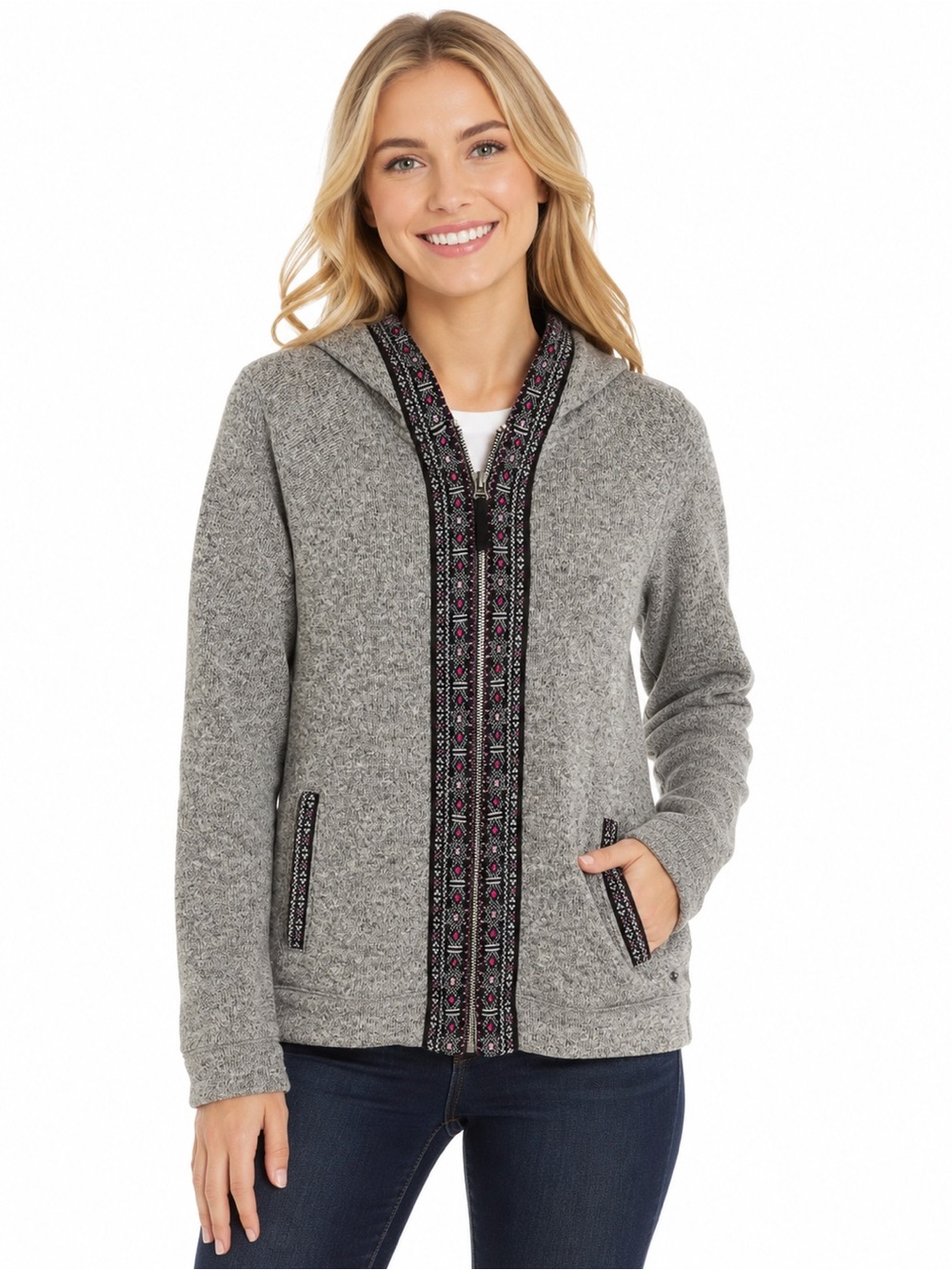 Women's Gray Hooded Zip Sweater with Embroidered Trim